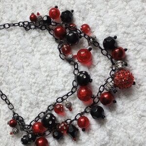 Chicos Multi red black dice lucite Multi Strand (3) Beaded Necklace Adj to 19"